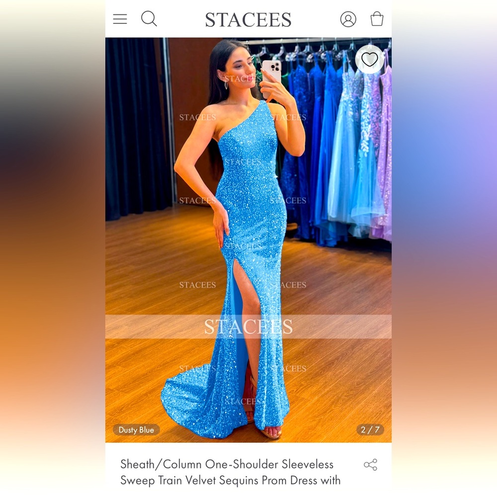 Beautiful sequin one shoulder sheath prom dress from Stacees.